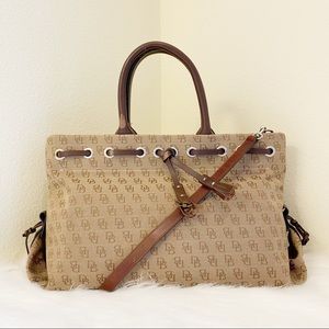 Beige Monogram Tote Bag with Brown Leather Trim